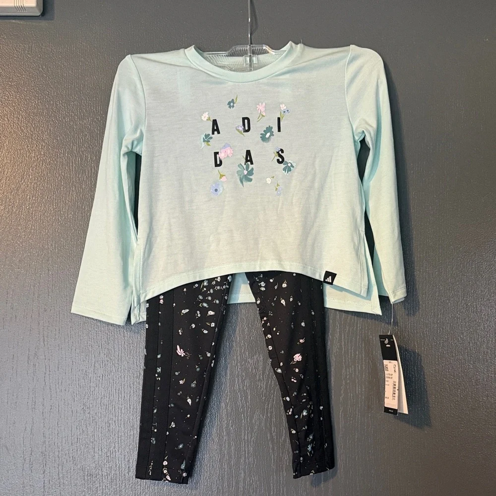 adidas Mint Long Sleeve Top with Black Floral Logo Leggings